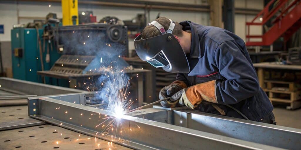A welder working on a structure made from 5052 aluminum sheet, with a clean and consistent weld bead.
